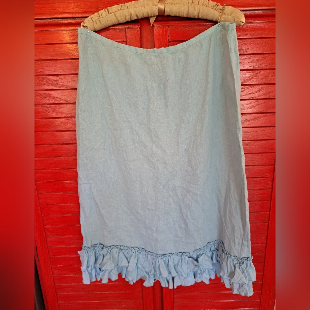 French Connection Midi Sky Blue Linen Skirt Double Ruffle Hem XL